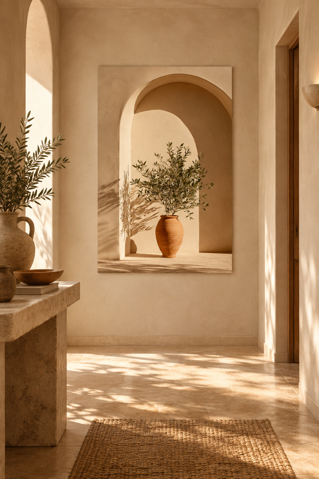 Poster The Rest Beneath the Arch — plaster arch and terracotta jar with an olive branch, in an entryway, above a stone console