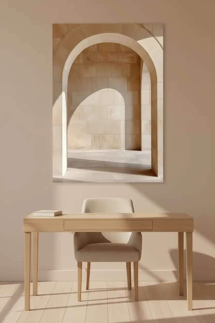 L'Arche et Son Ombre — Affiche murale minimaliste arche pierre calcaire ombre sable ivoire, affiche murale minimaliste avec cadre bois, décoration murale salon ou chambre, style méditerranéen