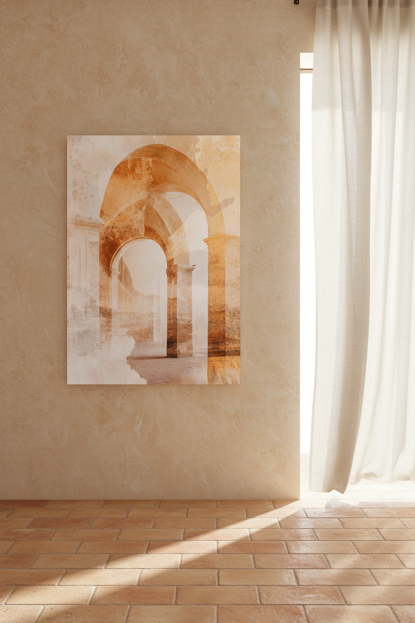 The Golden Arches poster in a Mediterranean entryway — Romanesque arches in gold watercolor