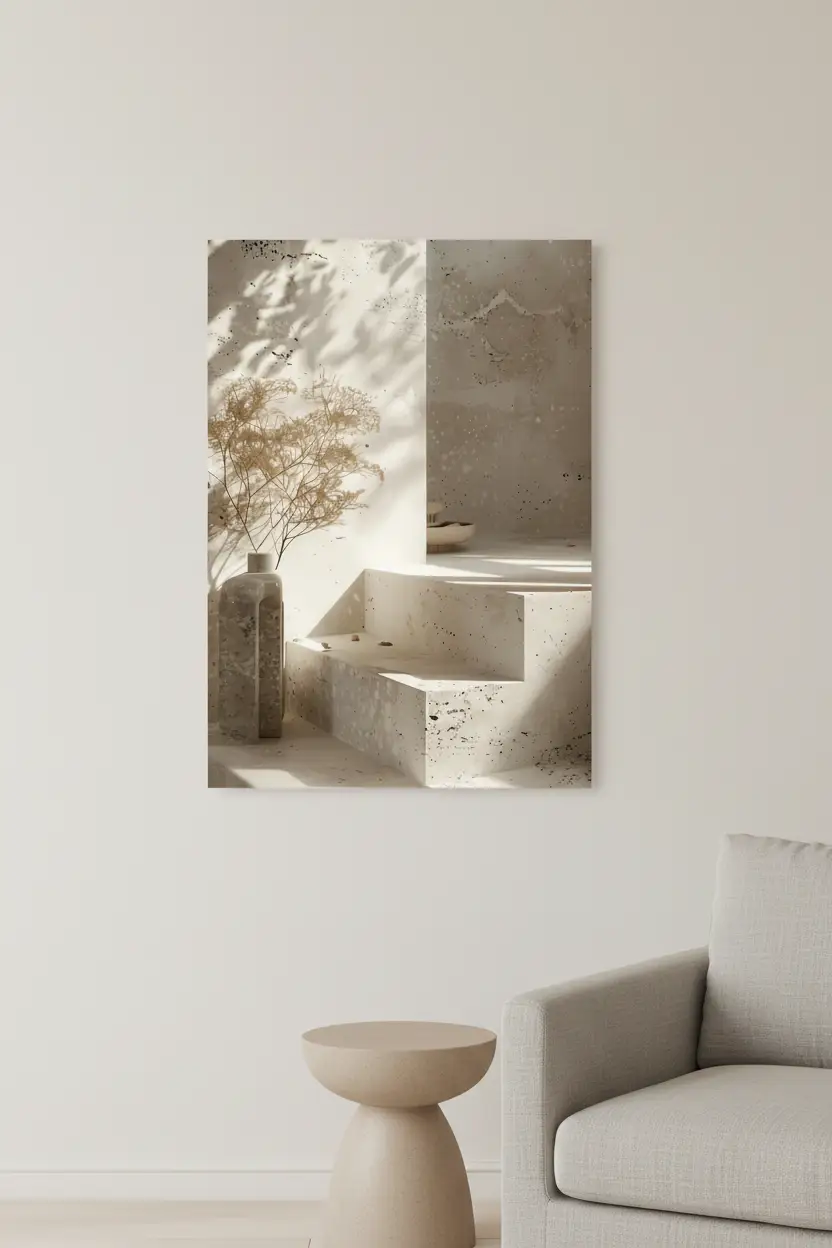 Le Vase et l’Escalier — Affiche murale minimaliste travertin sable architecture méditerranéenne, affiche murale minimaliste avec cadre bois, décoration murale salon ou chambre, style méditerranéen