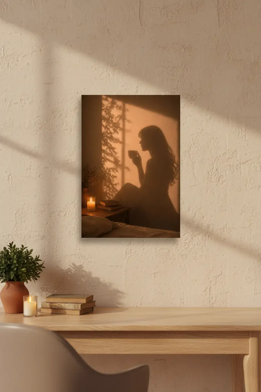 La Tasse du Soir — Affiche murale minimaliste silhouette féminine lumière dorée, affiche murale minimaliste avec cadre bois, décoration murale salon ou chambre, style méditerranéen