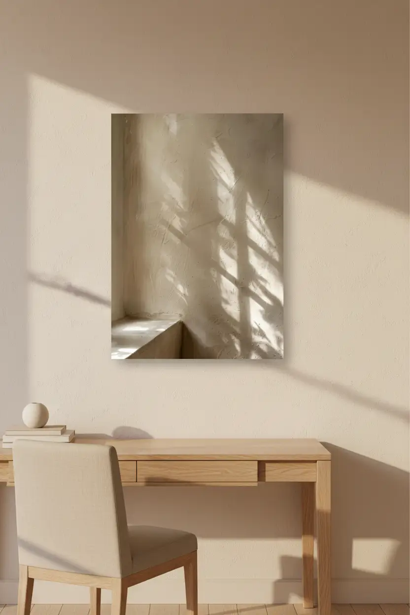 Les Ombres du Soir — Affiche murale minimaliste ombres fenêtre mur enduit sable courbe, affiche murale minimaliste avec cadre bois, décoration murale salon ou chambre, style méditerranéen