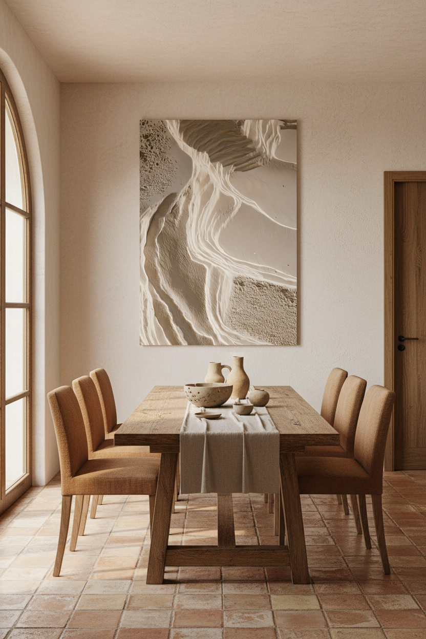 Affiche L'Escarpement Blanc encadrée chêne dans une salle à manger méditerranéenne — strates de plâtre blanc séparées par une ligne d'ombre