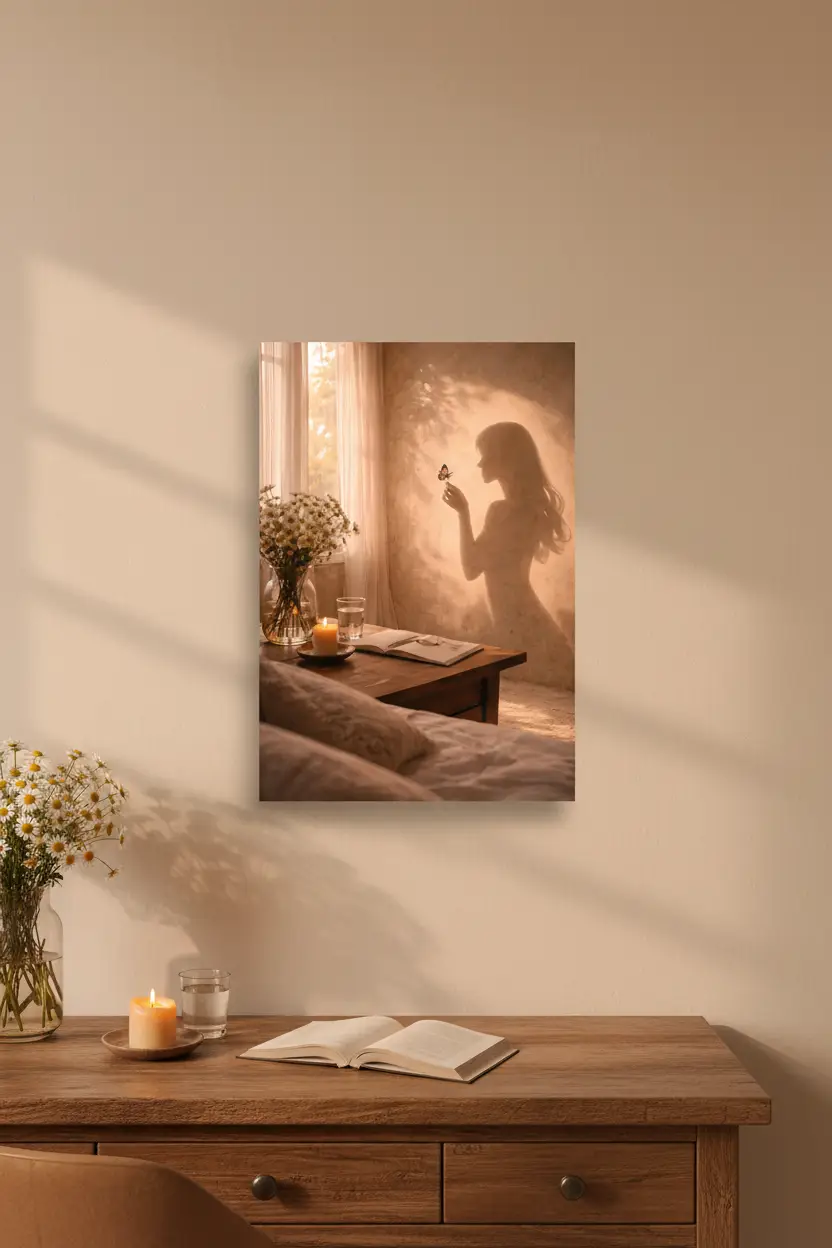 L’Instant Fragile — Affiche murale minimaliste silhouette féminine papillon lumière dorée, affiche murale minimaliste avec cadre bois, décoration murale salon ou chambre, style méditerranéen