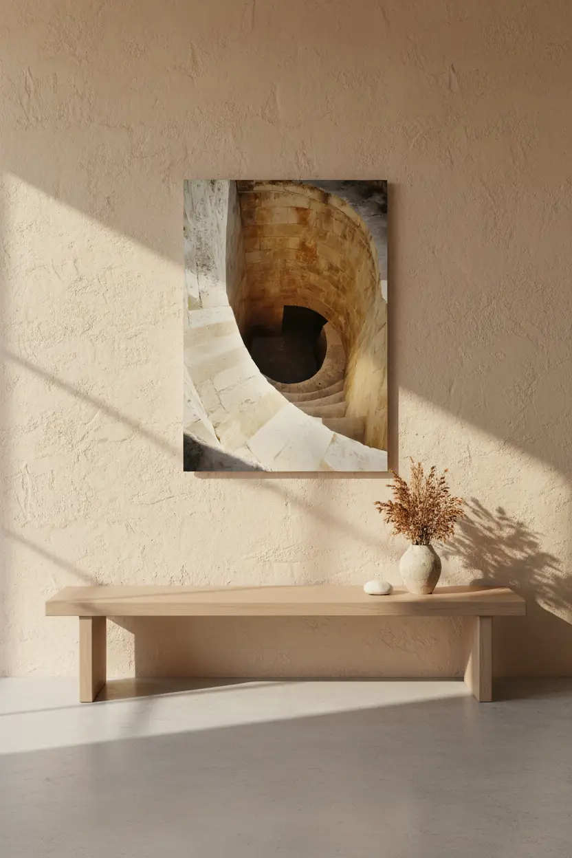La Descente — Affiche murale minimaliste ivoire sable escalier spiral pierre vertigineux — affiche murale minimaliste | Cassili-home