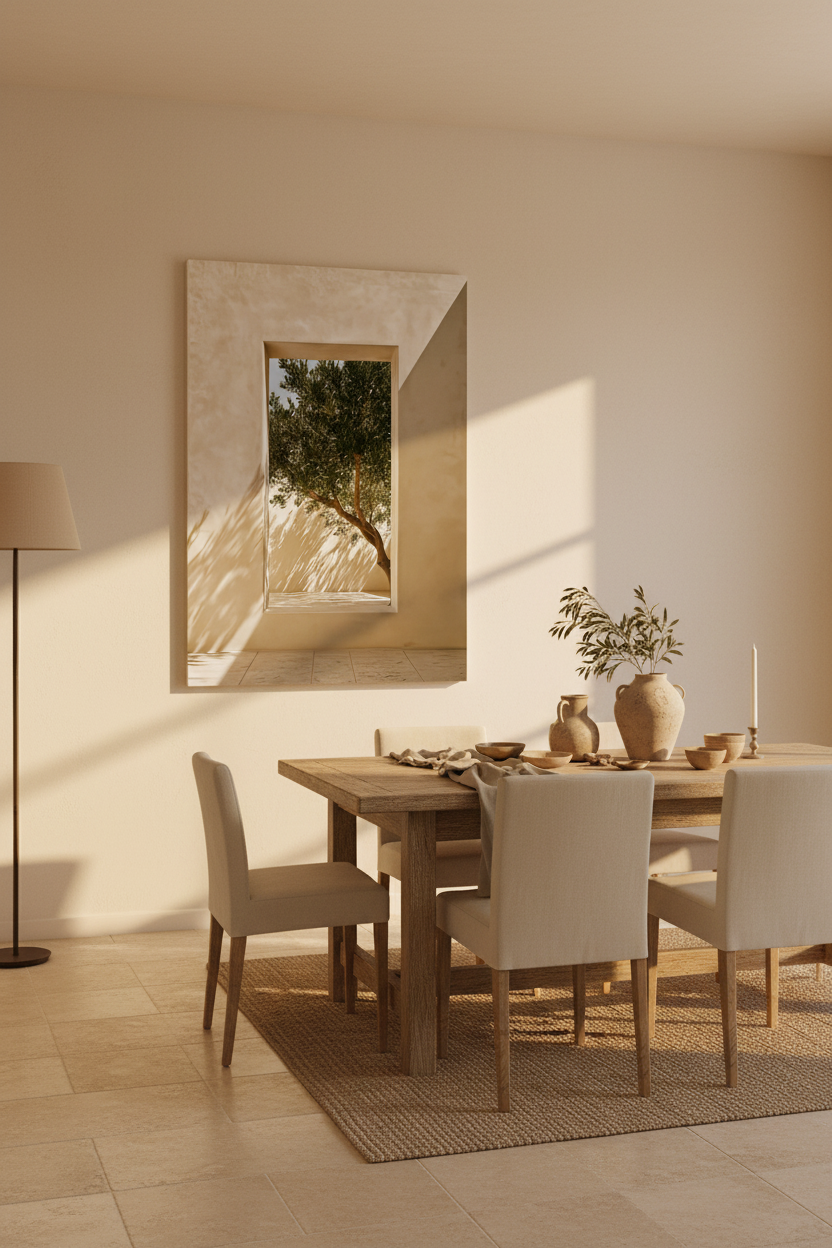 Affiche La Percée de Verdure encadrée chêne dans une salle à manger méditerranéenne — ouverture taillée dans un mur ivoire sur un olivier penché