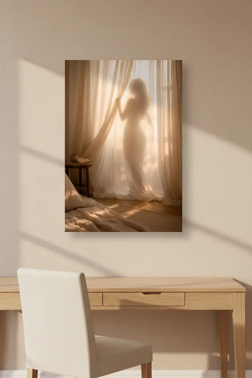 Le Voile du Matin — Póster mural minimalista dorado silueta mujer  