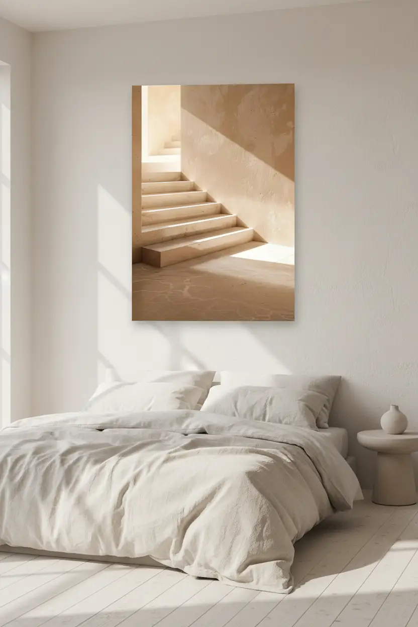 L’Escalier de Sable — Affiche murale minimaliste escalier enduit sable lumière triangle ombres architecture, affiche murale minimaliste avec cadre bois, décoration murale salon ou chambre, style méditerranéen