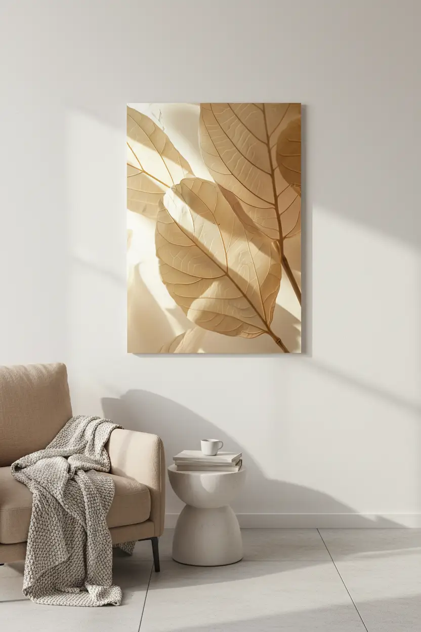 L’Ombre des Feuilles — Affiche murale minimaliste beige sable feuilles ombres dorées, affiche murale minimaliste avec cadre bois, décoration murale salon ou chambre, style méditerranéen