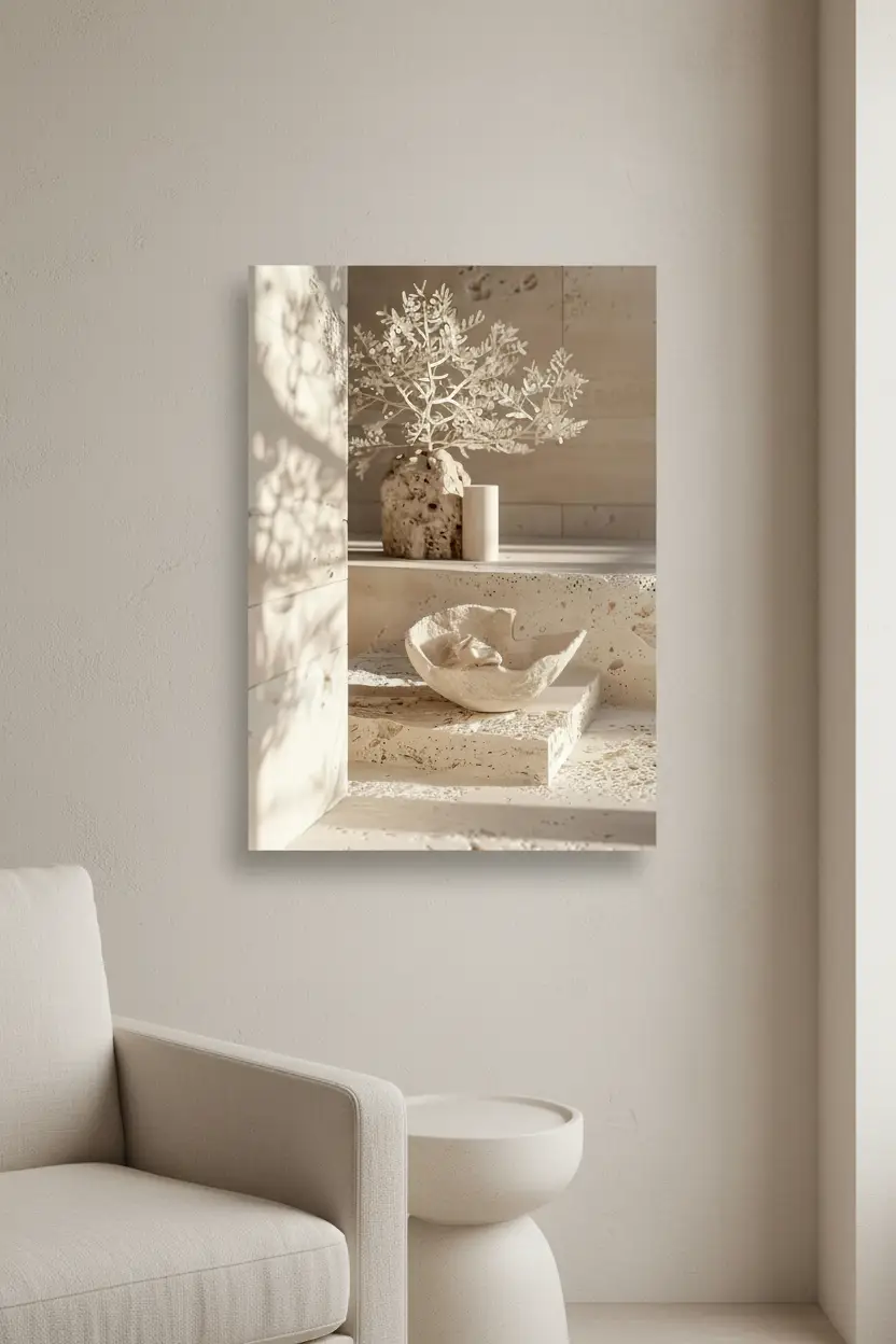 Der Weiße Altar – Minimalistisches Wandbild aus Elfenbein mit Korallenbaum