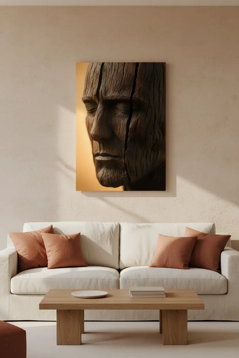 Bois Dormant — Affiche murale minimaliste brun et beige visage abstrait et texture minérale — affiche murale minimaliste | Cassili-home