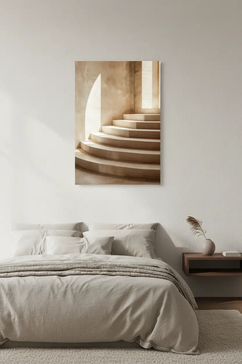 L’Escalier Courbe — Affiche murale minimaliste escalier semi-circulaire calcaire ivoire arc lumière architecture, affiche murale minimaliste avec cadre bois, décoration murale salon ou chambre, style méditerranéen