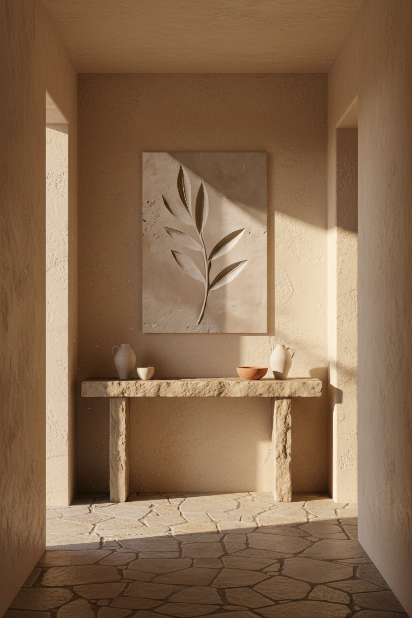 Affiche Le Rameau Gravé encadrée chêne dans une salle à manger méditerranéenne — rameau d'olivier gravé dans l'enduit sable d'un mur