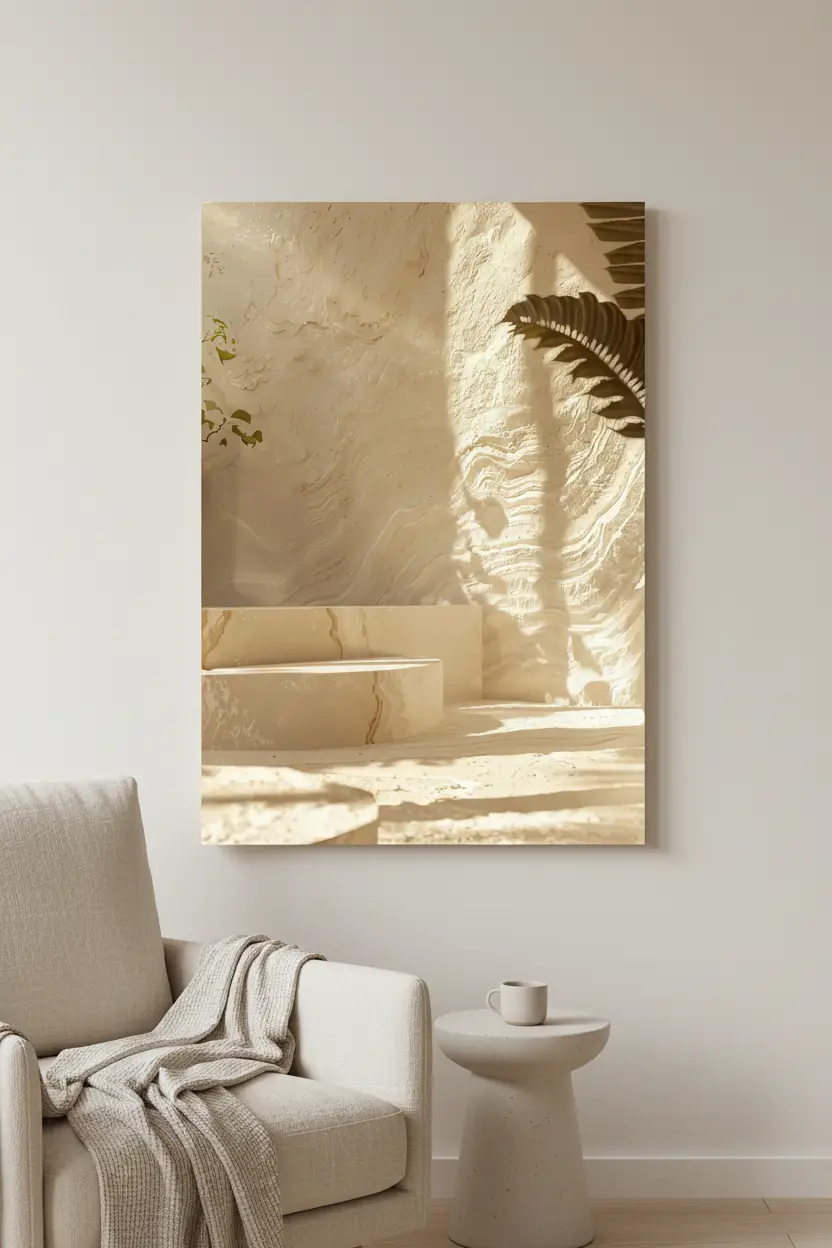 La Cour de Lumière — Affiche murale minimaliste travertin crépi sable ombre fougère méditerranéenne, affiche murale minimaliste avec cadre bois, décoration murale salon ou chambre, style méditerranéen