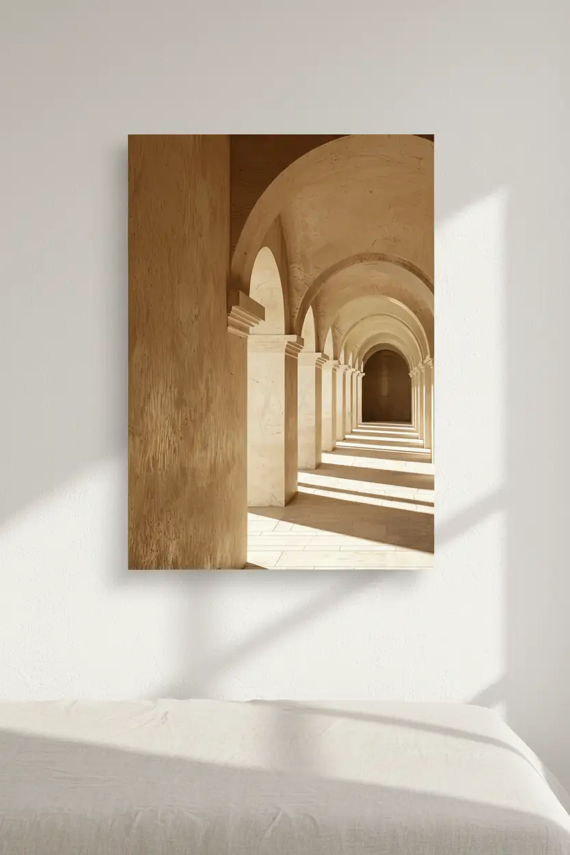 La Galerie des Arches — Affiche murale minimaliste couloir voûté arches romanes colonnes calcaire lumière architecture, affiche murale minimaliste avec cadre bois, décoration murale salon ou chambre, style méditerranéen