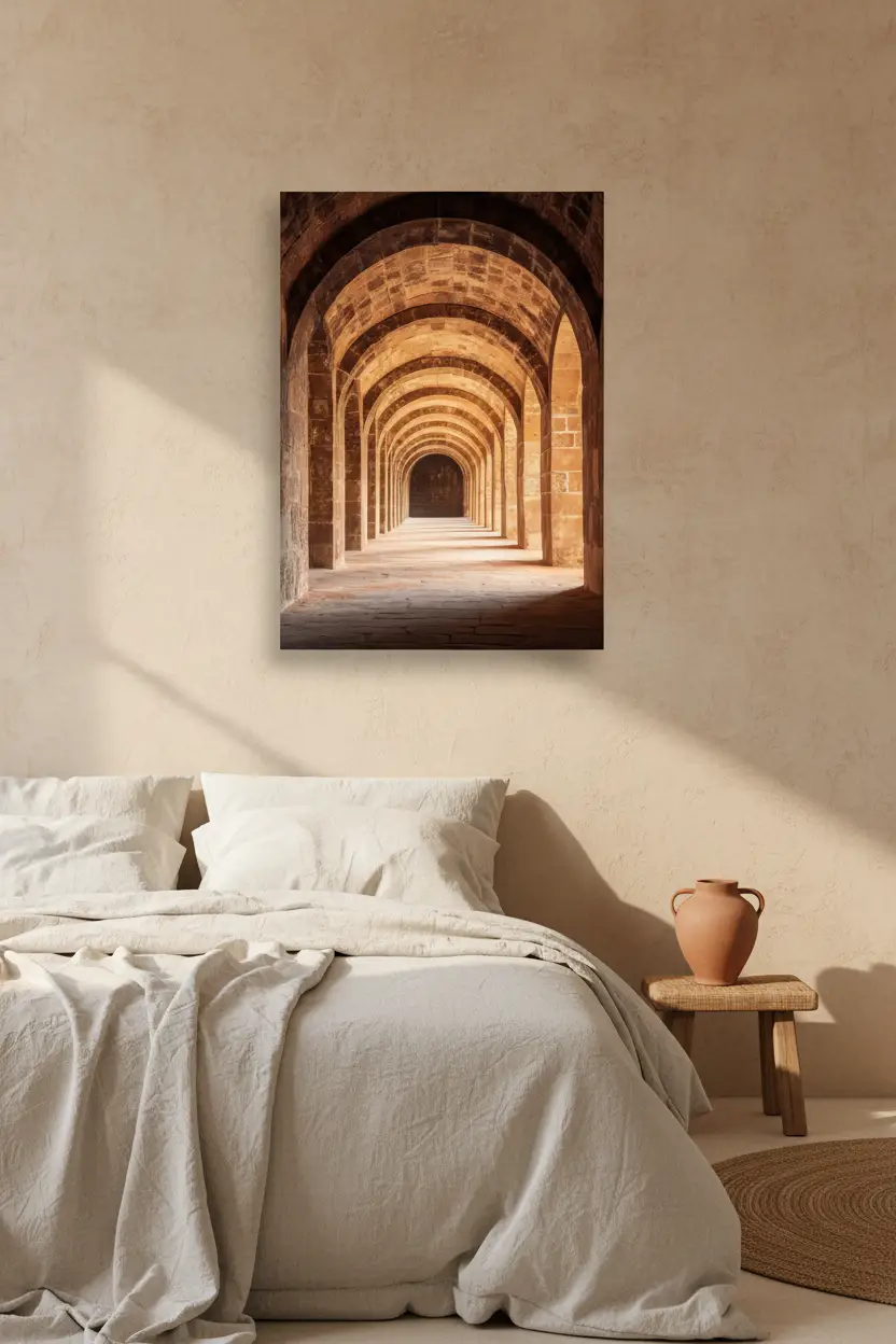 Le Cloître — Affiche murale minimaliste brun ocre arches pierre de taille perspective — affiche murale minimaliste | Cassili-home