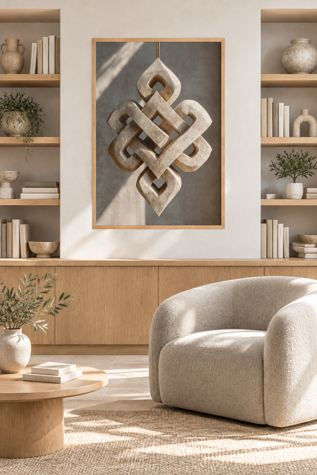 The Stone Knot in front of a bookcase