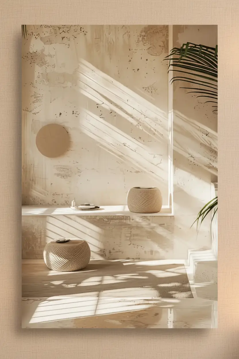 La Lumière des Poufs — Affiche murale minimaliste sable intérieur, affiche murale minimaliste avec cadre bois, décoration murale salon ou chambre, style méditerranéen
