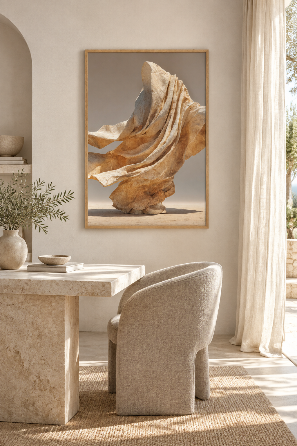 The Drape in the Wind with an oak frame in a home office