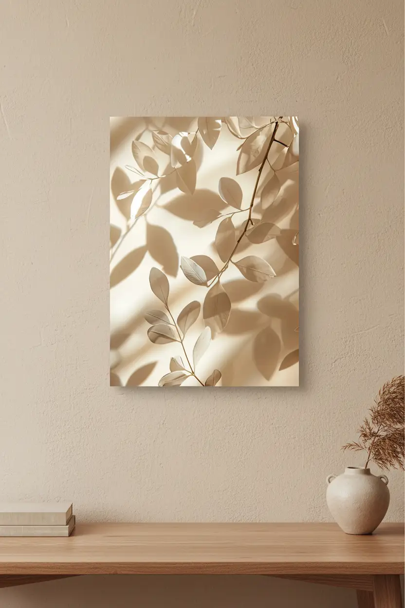 Les Feuilles et leurs Ombres — Affiche murale minimaliste ivoire végétal, affiche murale minimaliste avec cadre bois, décoration murale salon ou chambre, style méditerranéen