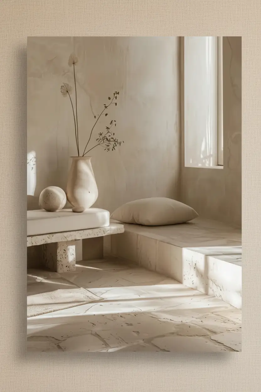 Le Salon de Travertin — Affiche murale minimaliste sable minéral, affiche murale minimaliste avec cadre bois, décoration murale salon ou chambre, style méditerranéen