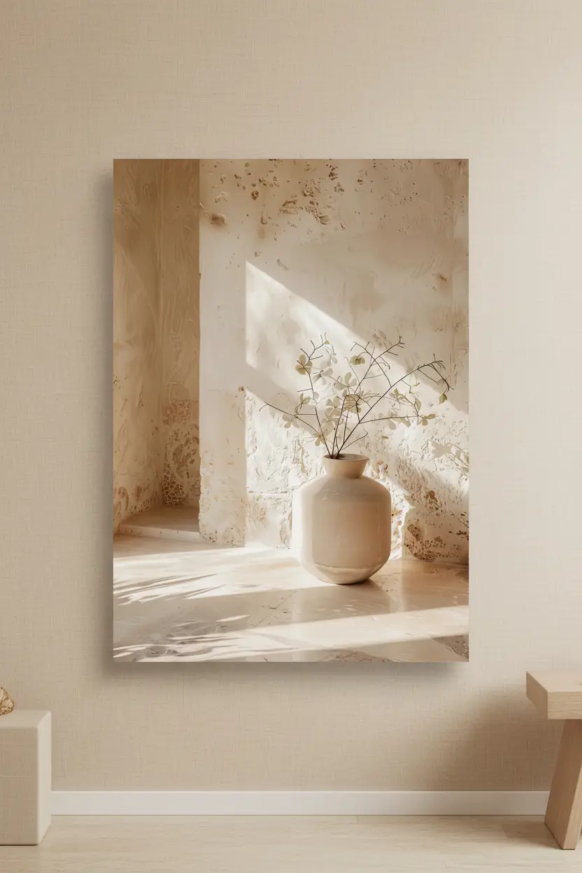Le Vase dans la Niche — Affiche murale minimaliste ivoire végétal, affiche murale minimaliste avec cadre bois, décoration murale salon ou chambre, style méditerranéen