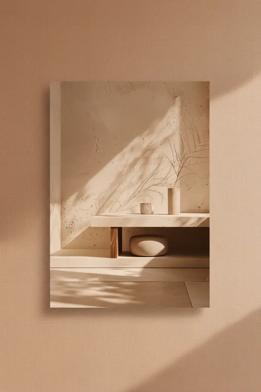 La Console et la Lumière — Affiche murale minimaliste sable intérieur, affiche murale minimaliste avec cadre bois, décoration murale salon ou chambre, style méditerranéen
