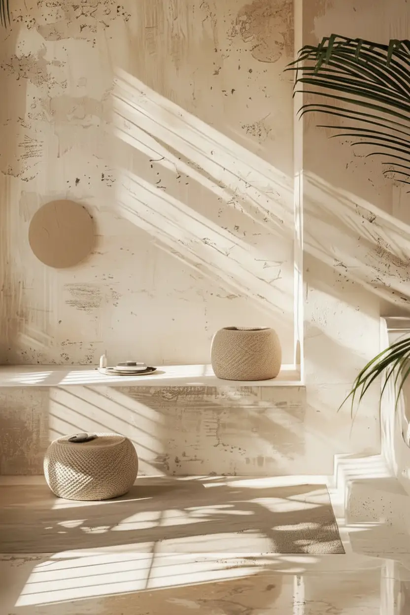 La Lumière des Poufs — Affiche murale minimaliste sable intérieur, affiche murale minimaliste avec cadre bois, décoration murale salon ou chambre, style méditerranéen