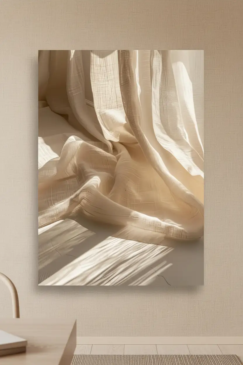 Le Rideau de Lin — Affiche murale minimaliste ivoire texture lumière, affiche murale minimaliste avec cadre bois, décoration murale salon ou chambre, style méditerranéen