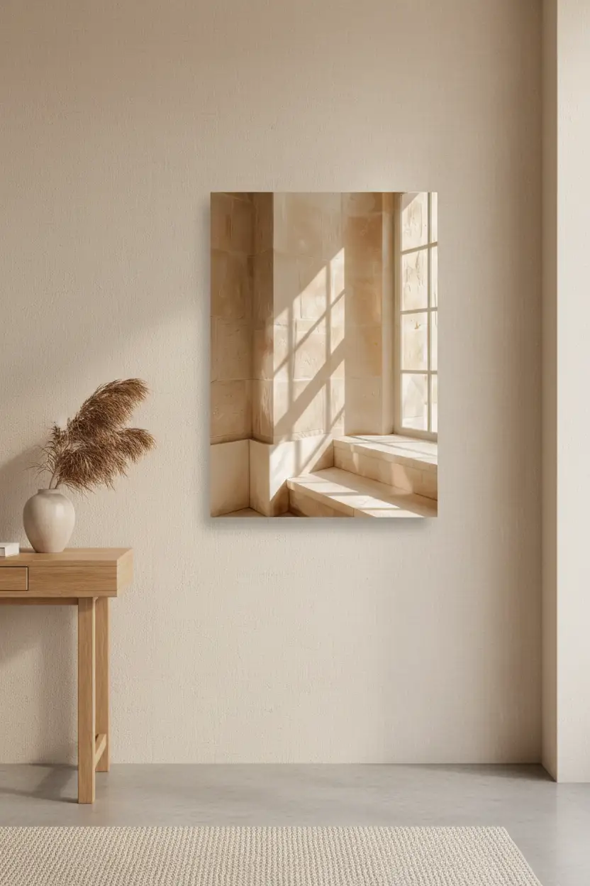 La Fenêtre de Pierre — Affiche murale minimaliste sable architecture, affiche murale minimaliste avec cadre bois, décoration murale salon ou chambre, style méditerranéen