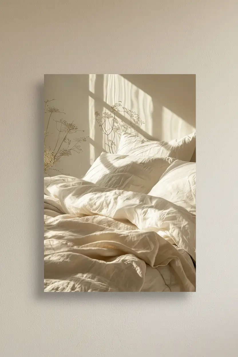 Le Lit du Matin — Affiche murale minimaliste ivoire texture lumière, affiche murale minimaliste avec cadre bois, décoration murale salon ou chambre, style méditerranéen