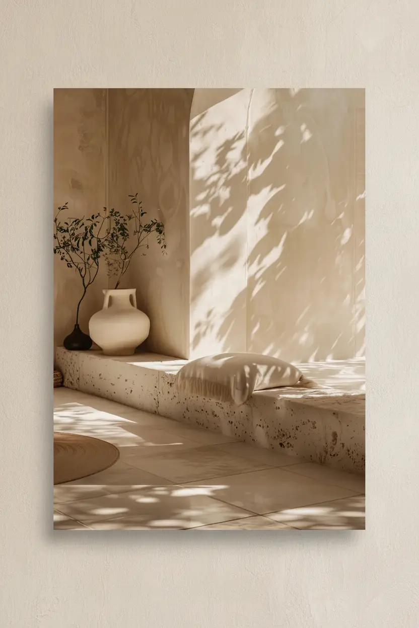 L'Angle à l'Olivier — Affiche murale minimaliste sable végétal, affiche murale minimaliste avec cadre bois, décoration murale salon ou chambre, style méditerranéen