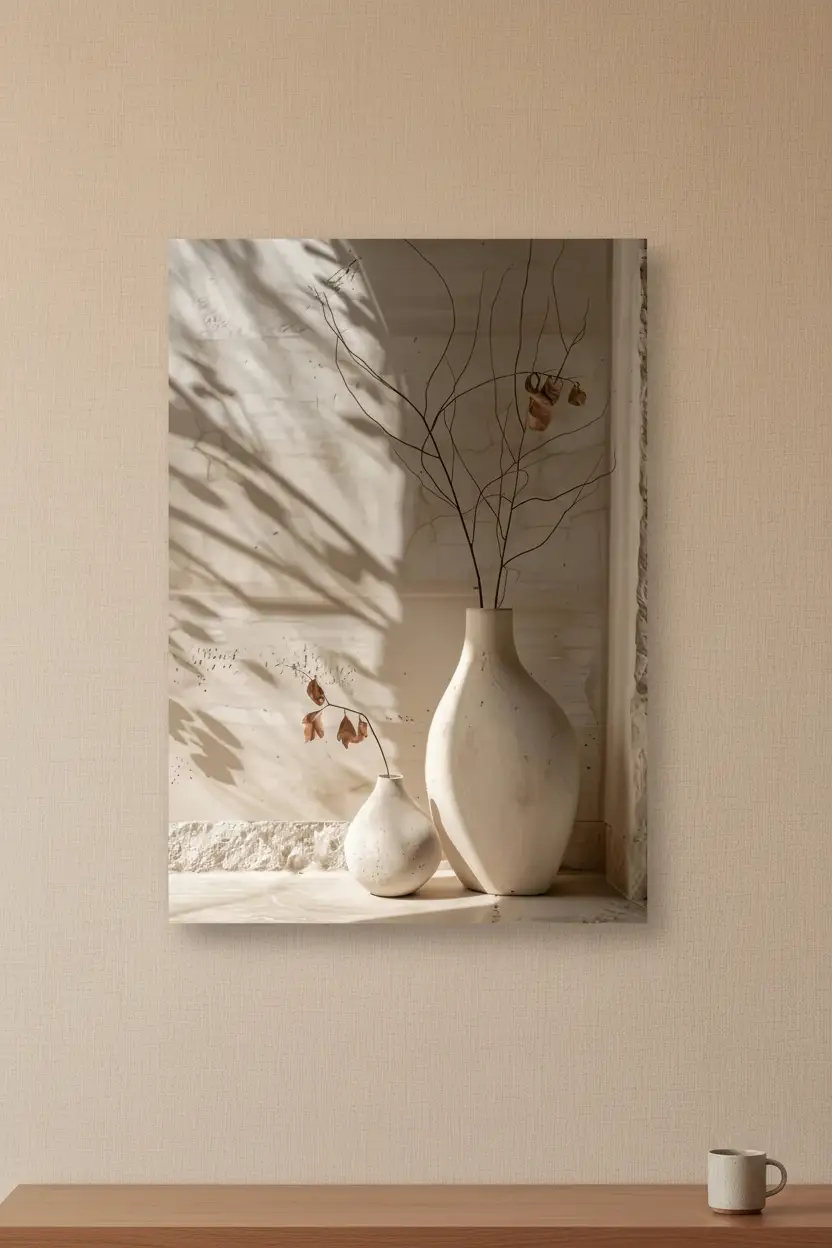 L'Ombre des Branches — Affiche murale minimaliste ivoire minéral, affiche murale minimaliste avec cadre bois, décoration murale salon ou chambre, style méditerranéen
