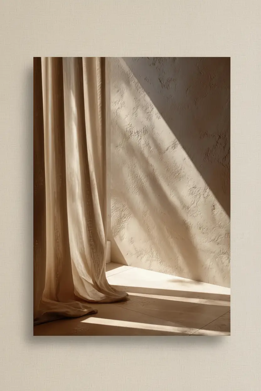 Le Rideau et la Lumière — Affiche murale minimaliste ivoire sable lumière, affiche murale minimaliste avec cadre bois, décoration murale salon ou chambre, style méditerranéen