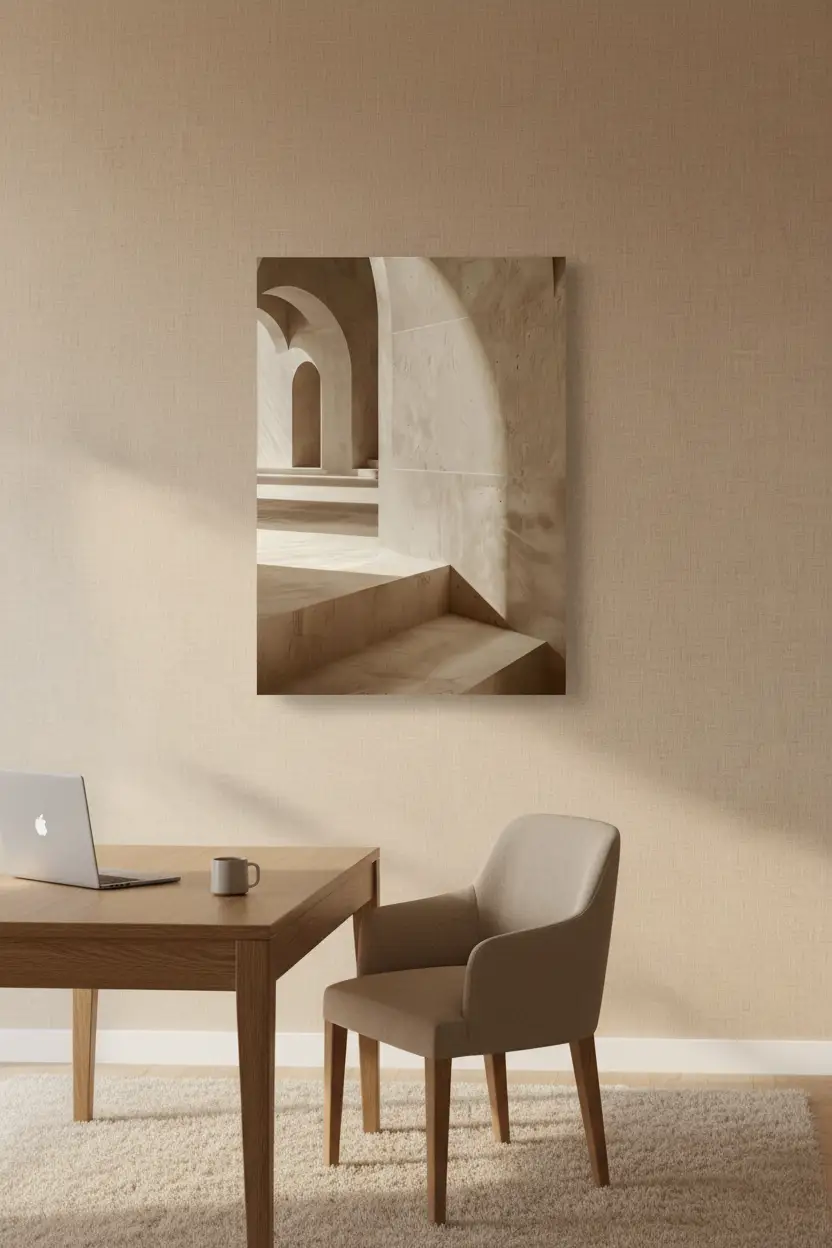 La Galerie des Arches — Affiche murale minimaliste beige architecture, affiche murale minimaliste avec cadre bois, décoration murale salon ou chambre, style méditerranéen