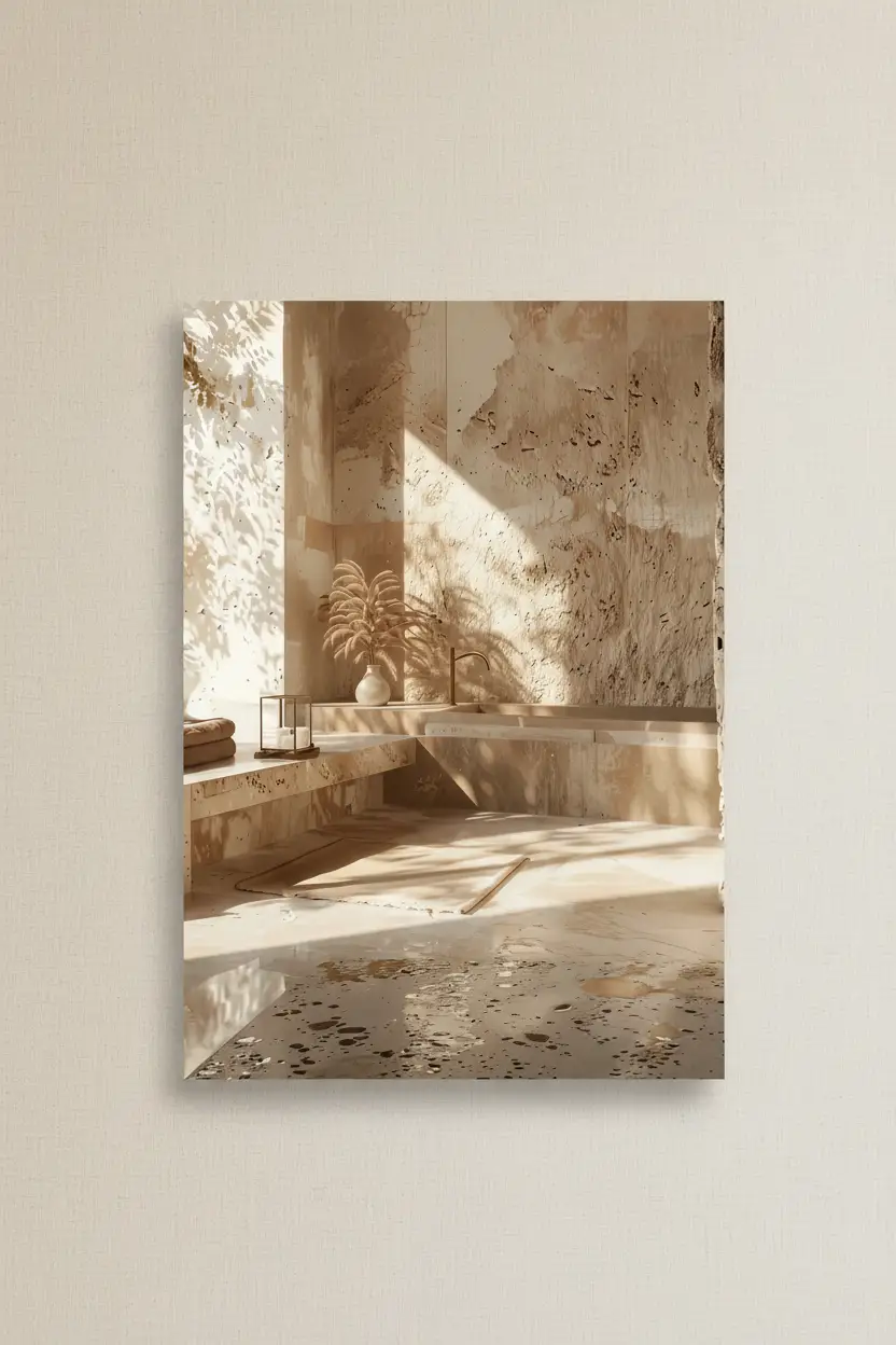 Le Bain de Pierre — Affiche murale minimaliste baignoire travertin pierre ombres feuilles lumière architecture, affiche murale minimaliste avec cadre bois, décoration murale salon ou chambre, style méditerranéen