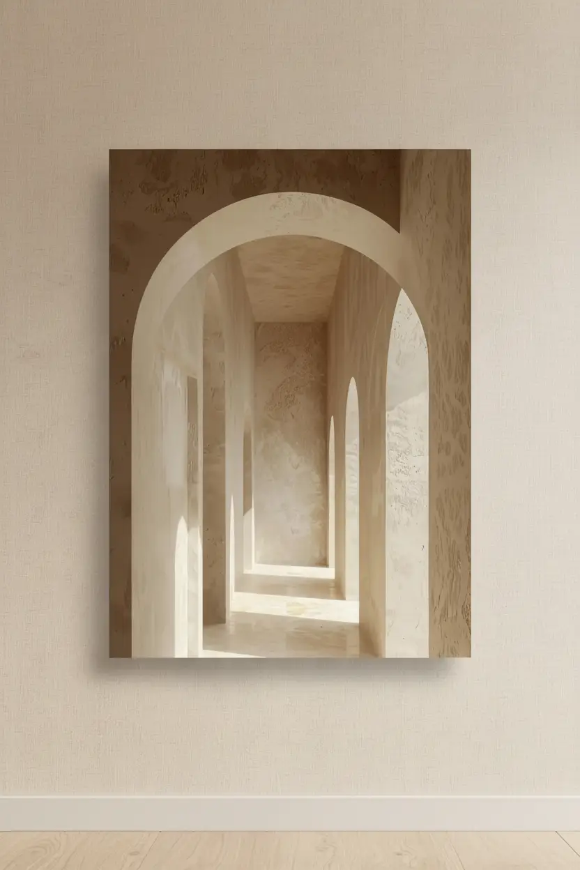 Le Couloir des Arches — Affiche murale minimaliste sable architecture, affiche murale minimaliste avec cadre bois, décoration murale salon ou chambre, style méditerranéen