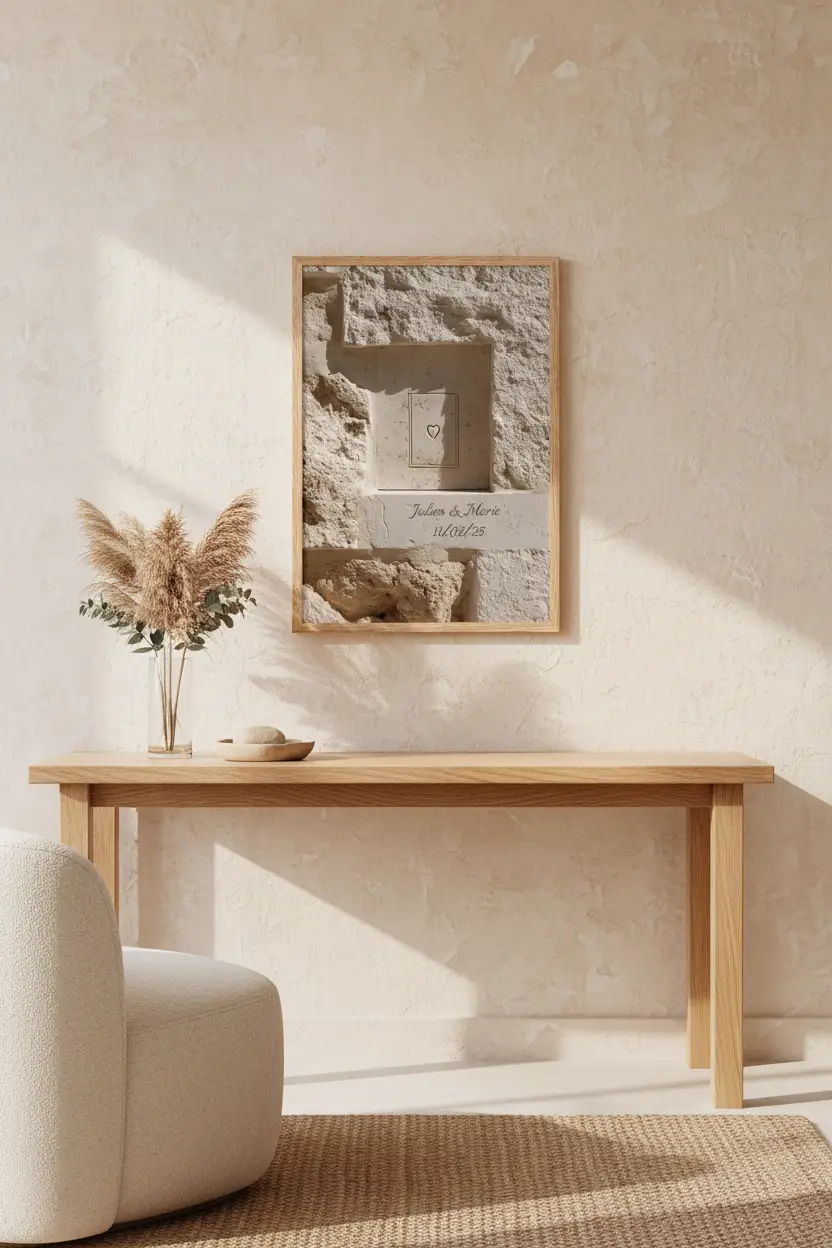 Gravé dans la Pierre, affiche murale minimaliste avec cadre bois, décoration murale salon ou chambre, style méditerranéen