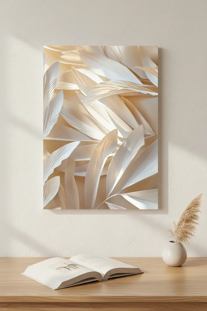L’Envol Ivoire — Affiche murale minimaliste ivoire blanc végétal aérien, affiche murale minimaliste avec cadre bois, décoration murale salon ou chambre, style méditerranéen