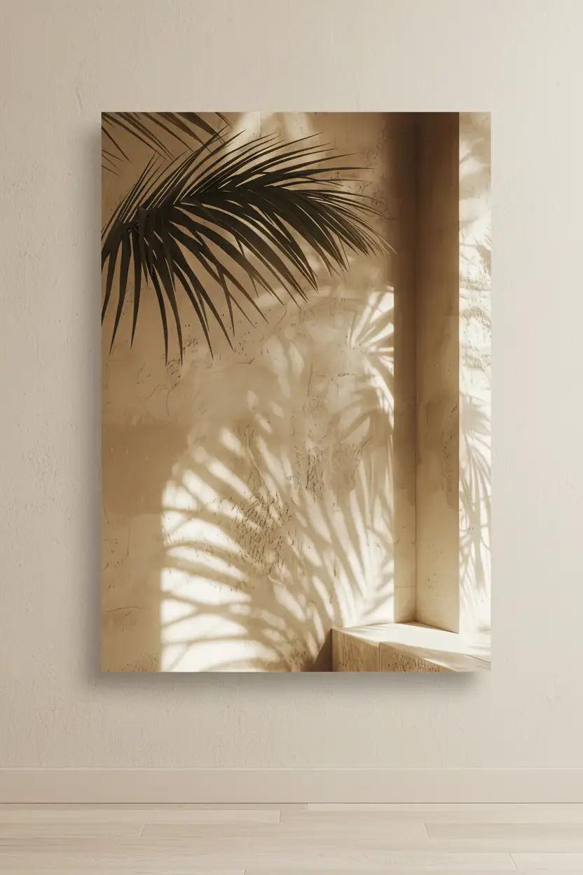 L'Ombre du Palmier — Affiche murale minimaliste sable végétal, affiche murale minimaliste avec cadre bois, décoration murale salon ou chambre, style méditerranéen