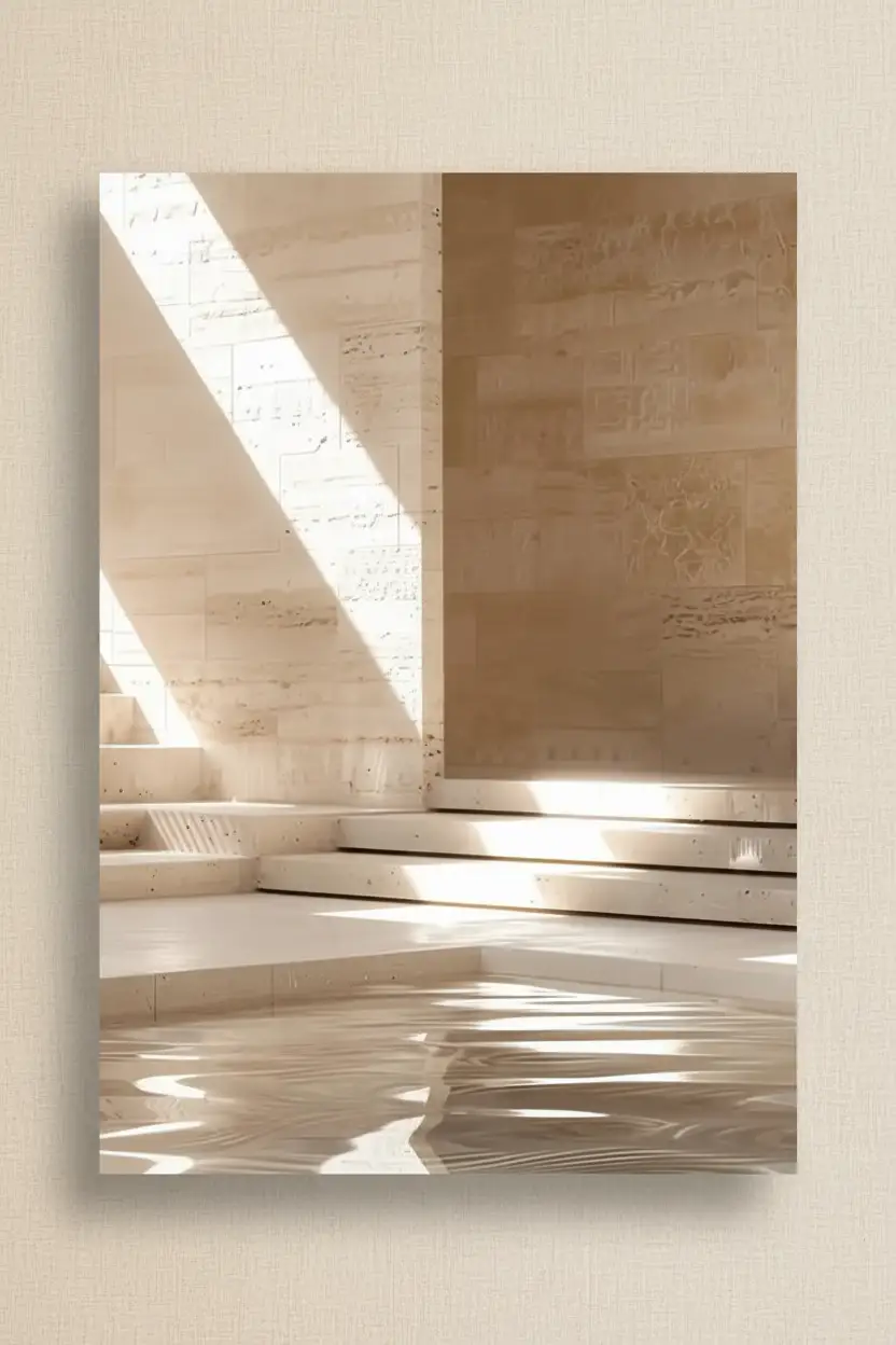 Le Bassin de Pierre — Affiche murale minimaliste sable architecture, affiche murale minimaliste avec cadre bois, décoration murale salon ou chambre, style méditerranéen