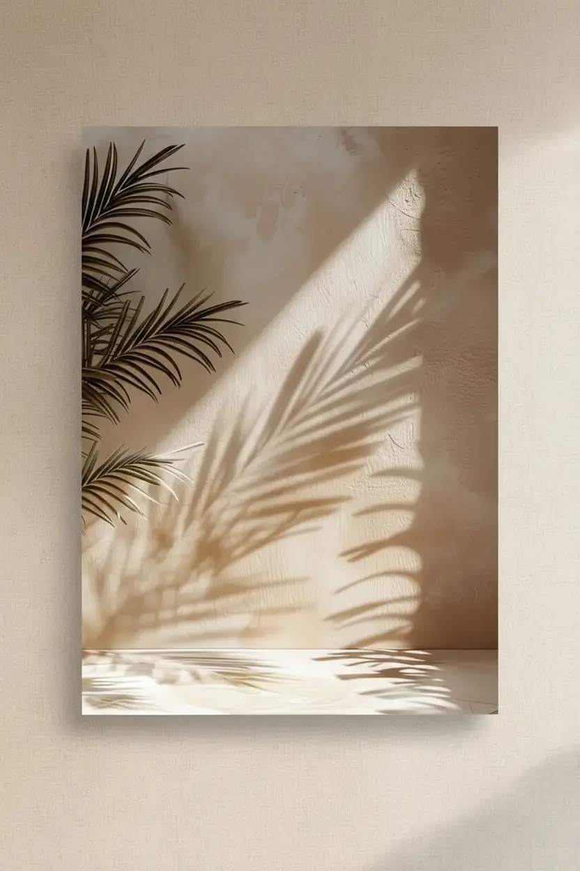 L'Areca et son Ombre — Affiche murale minimaliste sable végétal, affiche murale minimaliste avec cadre bois, décoration murale salon ou chambre, style méditerranéen