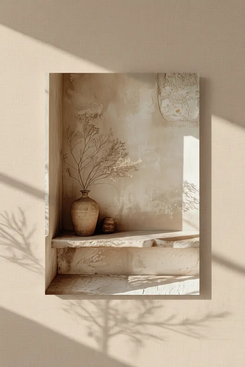 L'Angle aux Branches Séchées — Affiche murale minimaliste sable architecture, affiche murale minimaliste avec cadre bois, décoration murale salon ou chambre, style méditerranéen