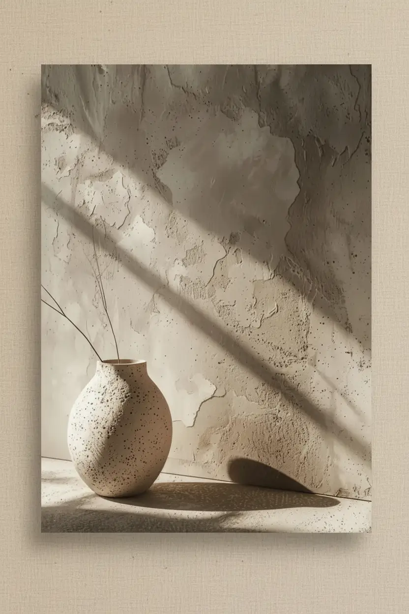 L'Ombre du Vase — Affiche murale minimaliste sable minéral, affiche murale minimaliste avec cadre bois, décoration murale salon ou chambre, style méditerranéen