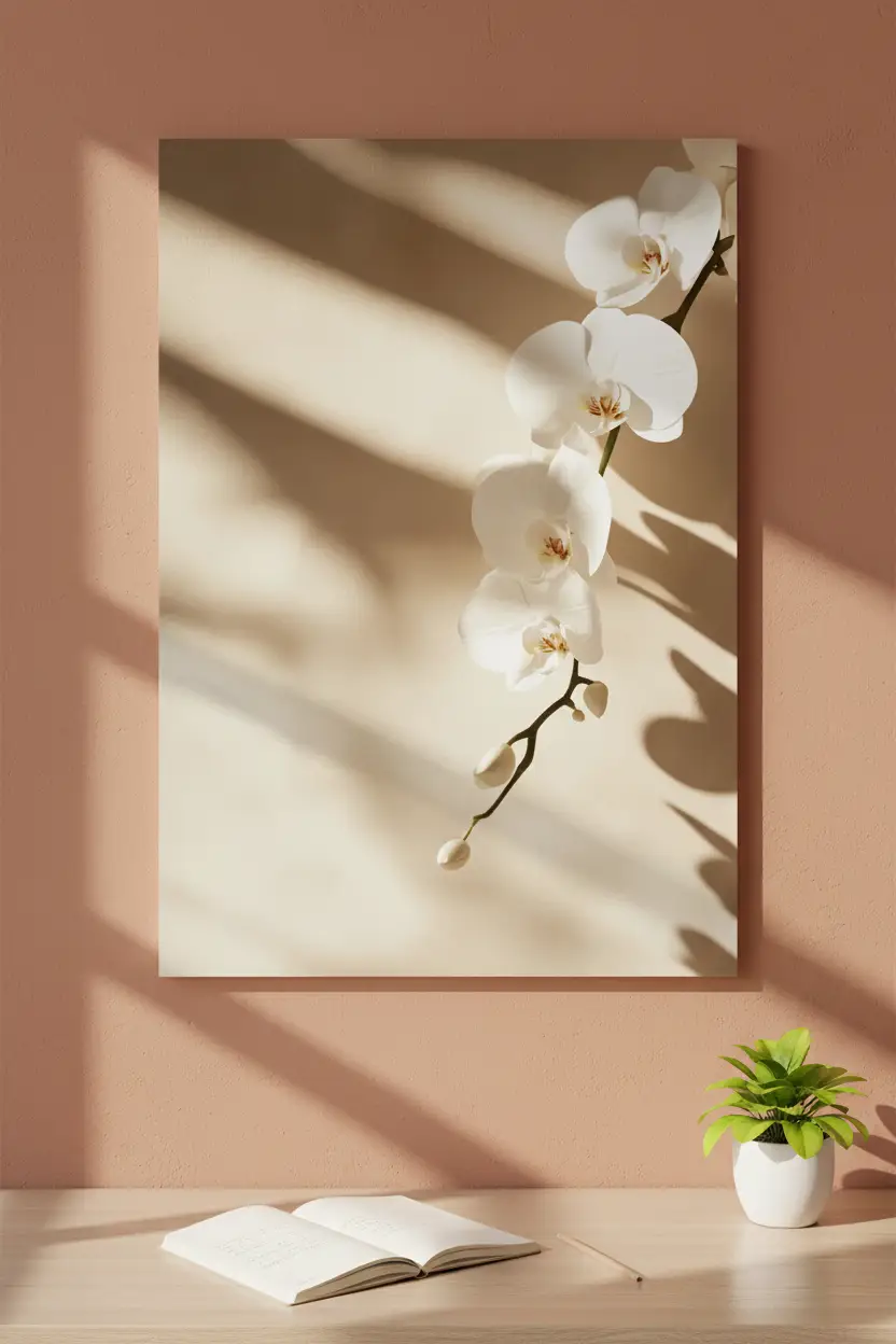 Die Orchidee und der Schatten – Minimalistisches Wandbild Elfenbein Blume