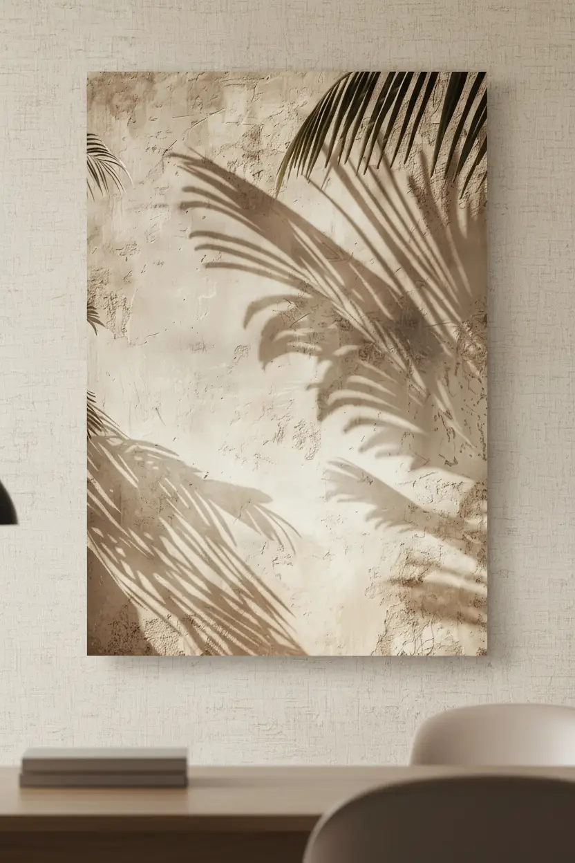 Les Ombres du Patio — Affiche murale minimaliste sable végétal, affiche murale minimaliste avec cadre bois, décoration murale salon ou chambre, style méditerranéen