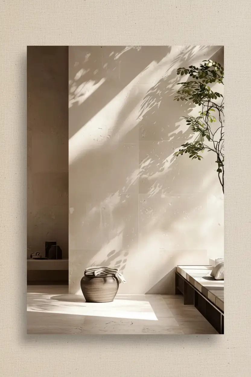 L'Ombre du Feuillage — Affiche murale minimaliste ivoire végétal, affiche murale minimaliste avec cadre bois, décoration murale salon ou chambre, style méditerranéen