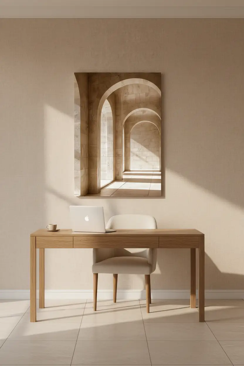 Le Portique de Pierre — Affiche murale minimaliste beige architecture, affiche murale minimaliste avec cadre bois, décoration murale salon ou chambre, style méditerranéen