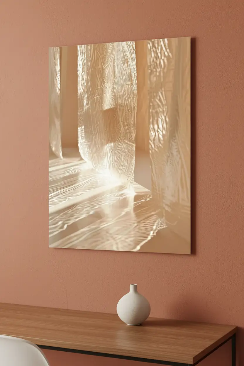 Le Voile de Verre — Affiche murale minimaliste ivoire verre lumière architecture, affiche murale minimaliste avec cadre bois, décoration murale salon ou chambre, style méditerranéen