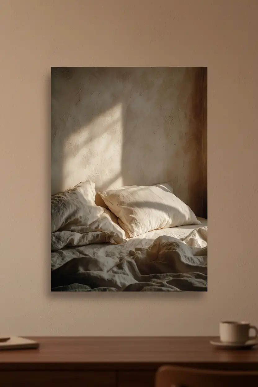 L'Aube sur le Lin — Affiche murale minimaliste sable linge, affiche murale minimaliste avec cadre bois, décoration murale salon ou chambre, style méditerranéen